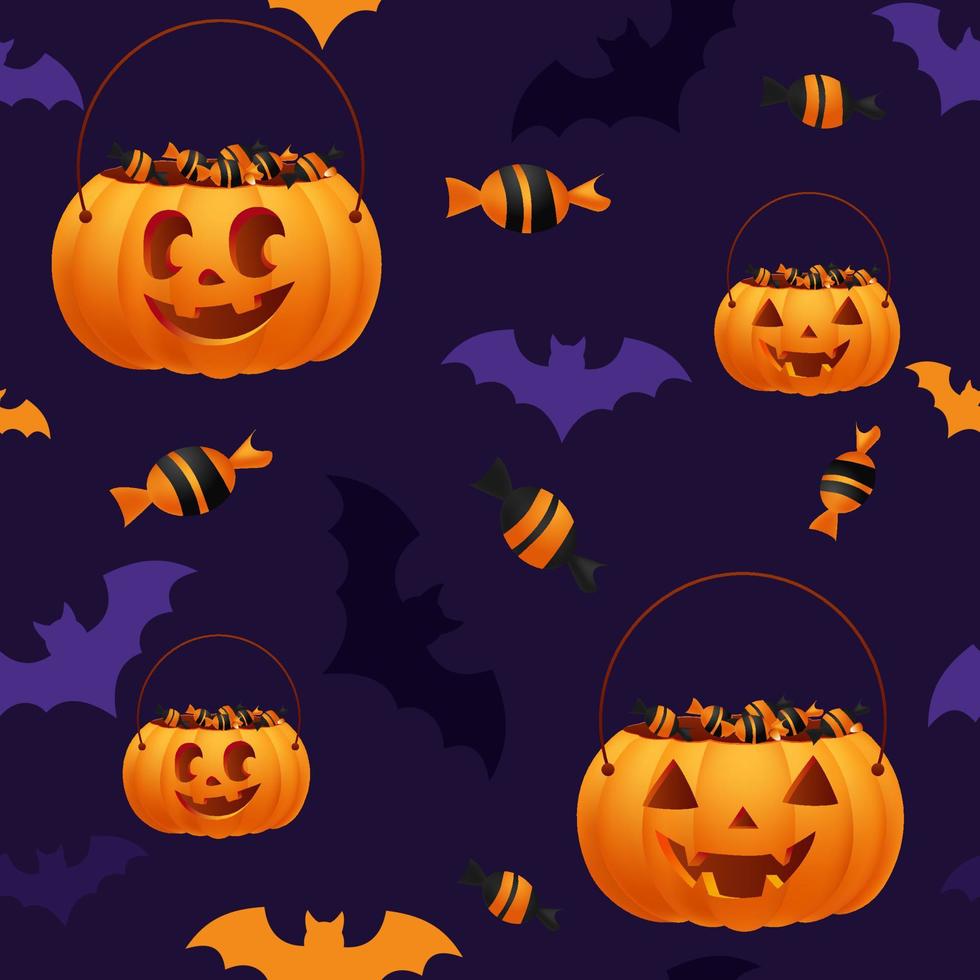 Halloween sweets pattern. Vector candies with Halloween bucket and decorations. Spooky desserts, flying bats. Purple and orange goodies background. Hand drawn realistic delicious candy corn, pumpkin.