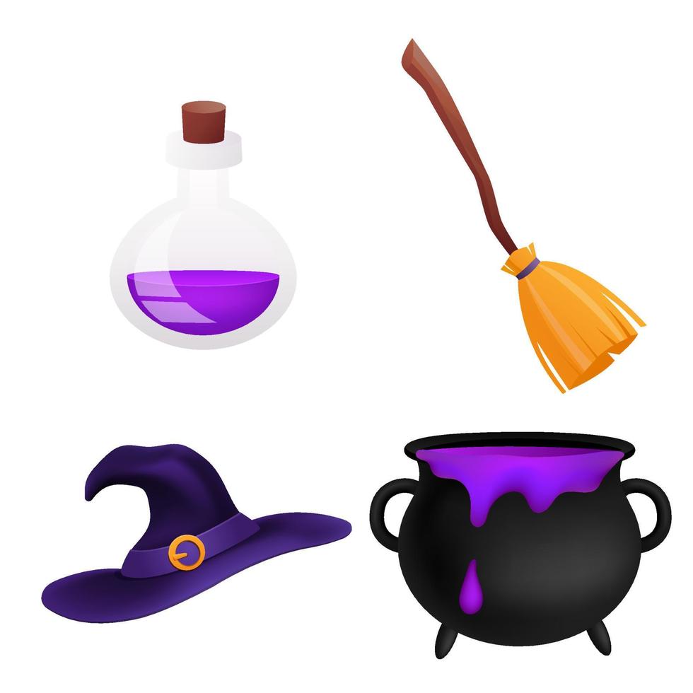 Halloween set of magic wizard  purple witch hat, broomstick, black cauldron with violet sticky potion, Bottle of liquid poison. Stickers collection isolated on white. vector