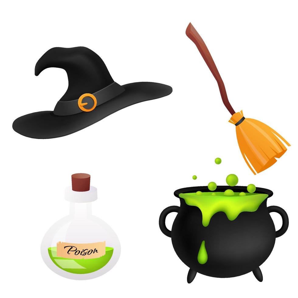 conjunto de halloween de mago mágico sombrero de bruja negra, palo de escoba, caldero negro con poción pegajosa verde, botella de veneno líquido. colección de pegatinas aislado en blanco. vector