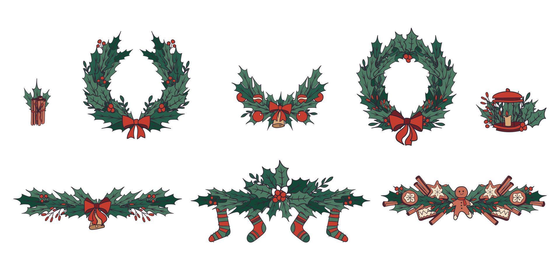 Christmas design elements set with mistletoe, berries, balls, socks, trees, cookies, presents, candles, lantern, leaves. Perfect for holiday invitations, winter greeting cards, wallpaper vector
