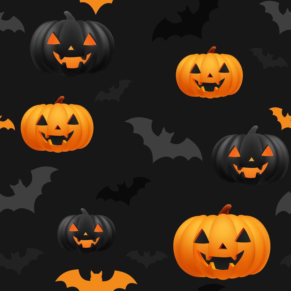 Halloween orange and black festive seamless pattern. Endless background with pumpkins, jack o lantern funny smiling face, bats. Cartoon texture for print. Template design for scrapbooking. Decoration vector