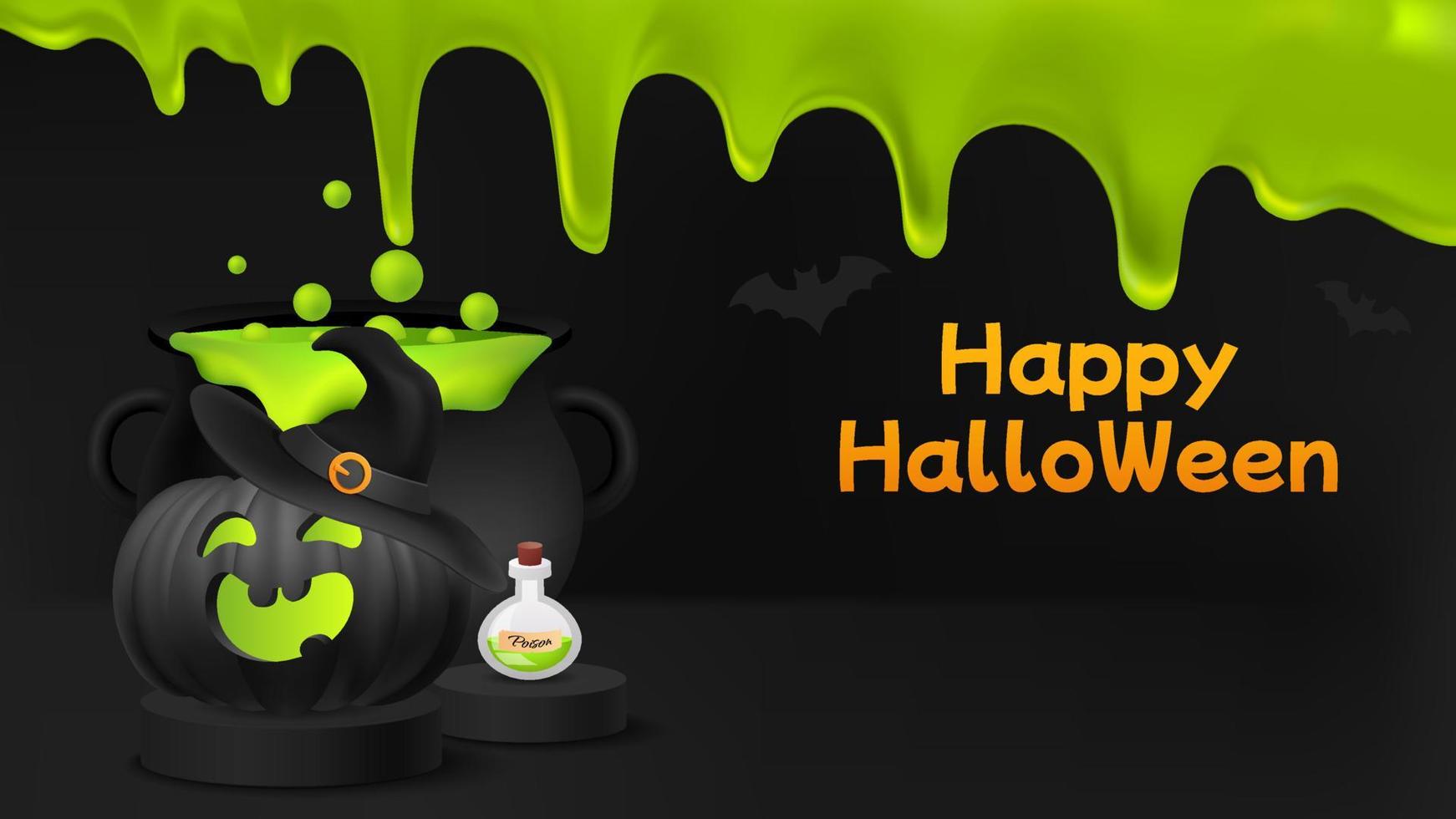 Happy Halloween banner or party invitation background with bats and pumpkins. Scene with podium cylinder and witch cauldron with potion. Poison bottle. Liquid green slime. Vector illustration.