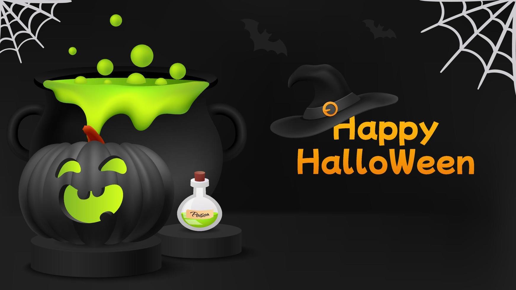 Happy Halloween banner or party invitation background with bats and pumpkins. Scene with podium cylinder and witch cauldron with potion. Poison bottle. Vector illustration. Sider web. Place for text