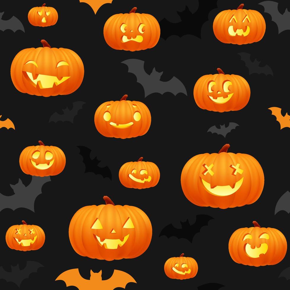 Halloween orange and black festive seamless pattern. Endless background with pumpkins, jack o lantern funny smiling face, bats. Cartoon texture for print. Template design for scrapbooking. Decoration vector