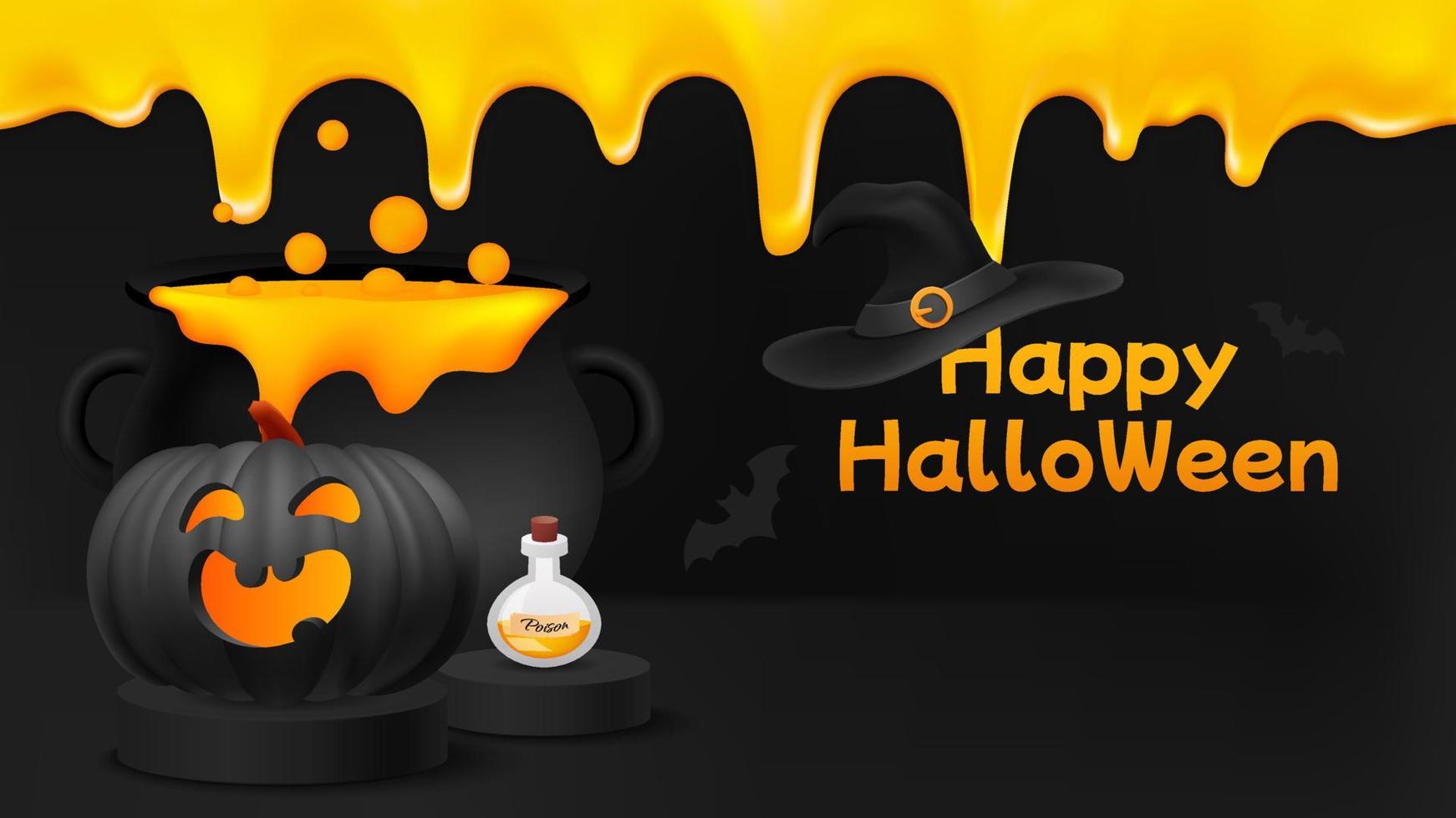 Happy Halloween banner or party invitation background with bats and pumpkins. Scene with podium cylinder and witch cauldron with potion. Poison bottle. Melted yellow slime. Vector illustration.