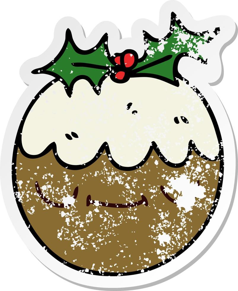 distressed sticker of a quirky hand drawn cartoon christmas pudding vector