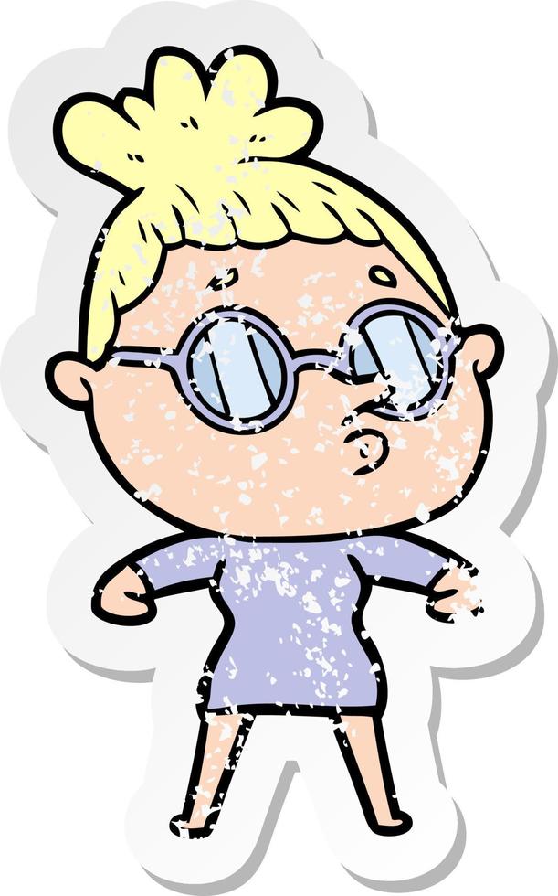 distressed sticker of a cartoon woman wearing glasses vector