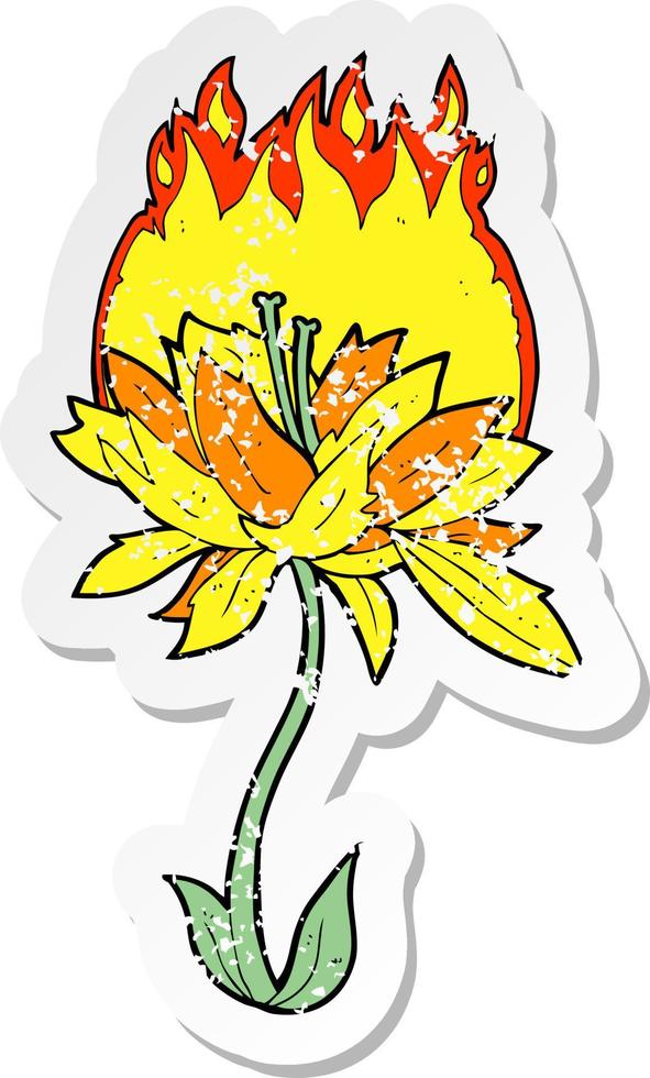 pegatina retro angustiada de una flor ardiente de dibujos animados vector