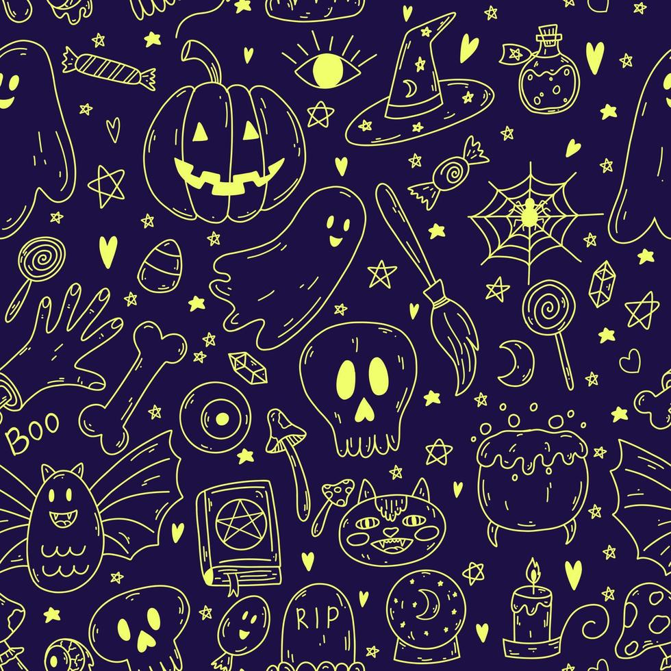 Seamless pattern with doodle cartoon Halloween objects in yellow neon color on violet background. Sketch of ghost, pumpkin, bone, poison, skull, spell book, cat, candle, bat, grave vector