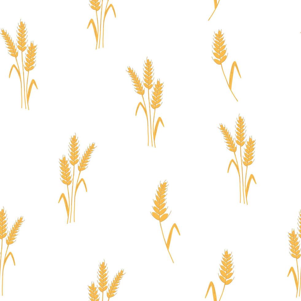 Seamless pattern with spikelets and grains of wheat on white background. Vector cartoon flat illustration for backery packaging, flour production, agriculture, harvest design