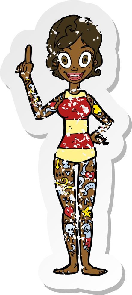 retro distressed sticker of a cartoon woman covered in tattoos vector