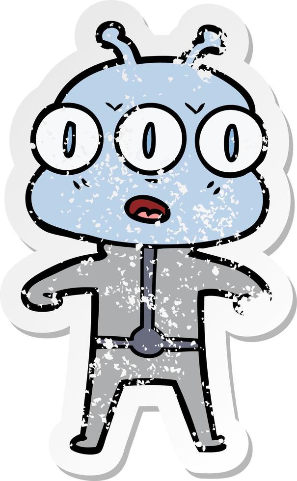 distressed sticker of a cartoon three eyed alien vector