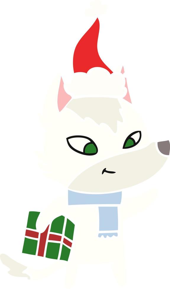 friendly flat color illustration of a christmas wolf wearing santa hat vector