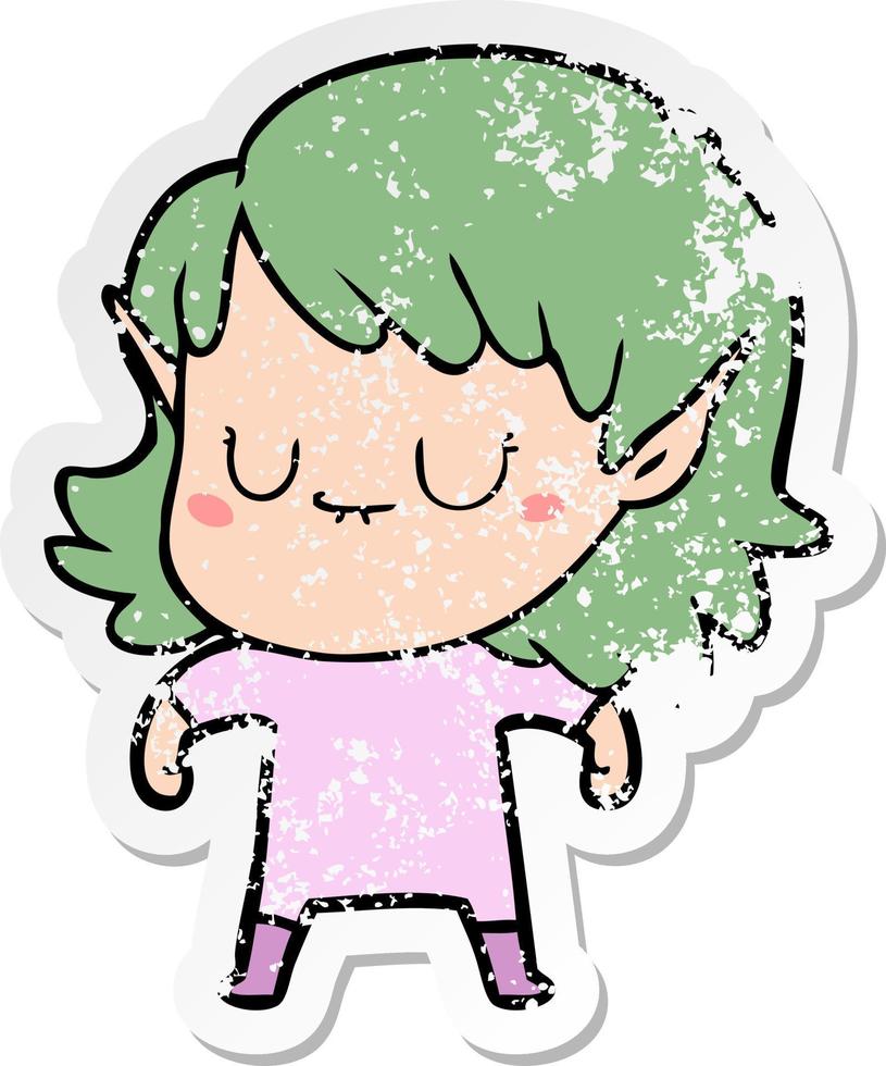 distressed sticker of a happy cartoon elf girl vector