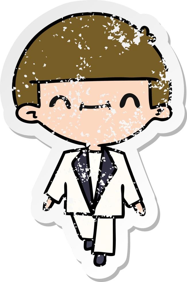 distressed sticker cartoon of cute kawaii boy in suit vector