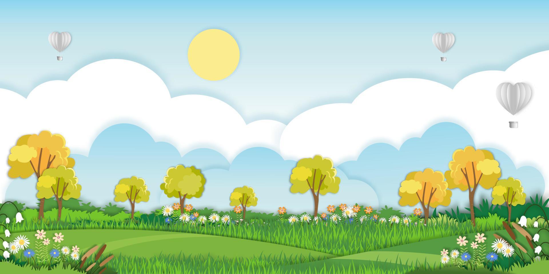 Vector illustration.Paper cut style of field landscape in summer time, Paper art spring landscape with blue sky and hot air balloons heart flying, panorama flat cartoon for Eco environmental backgroud