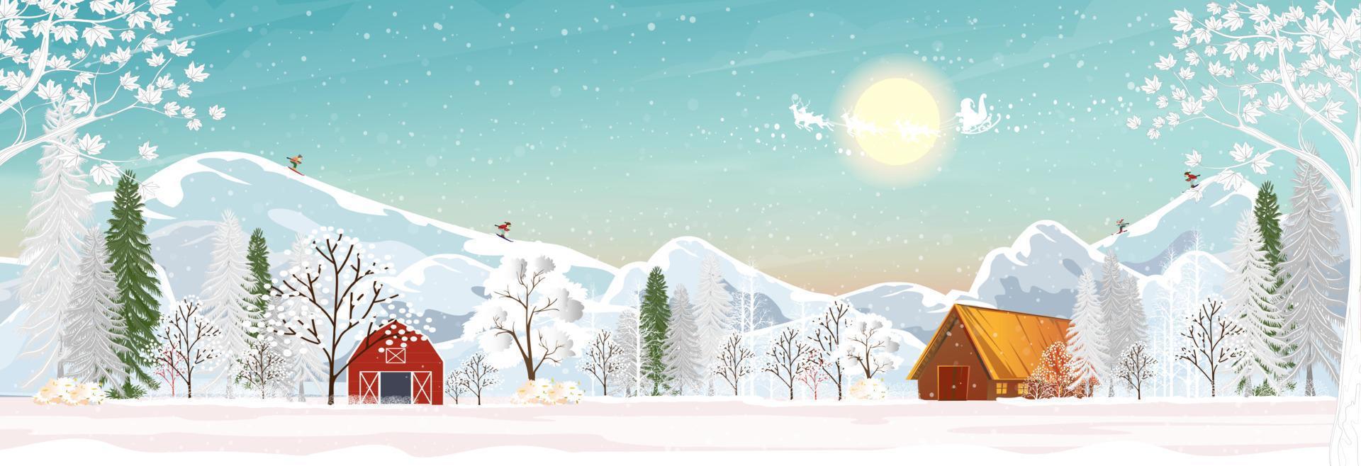 paisaje invernal con nieve que cubre pinos y montañas, país de las maravillas invernal panorámico con casa de campo en el pueblo, banner horizontal vectorial para vacaciones de navidad o fondo de año nuevo 2023 vector