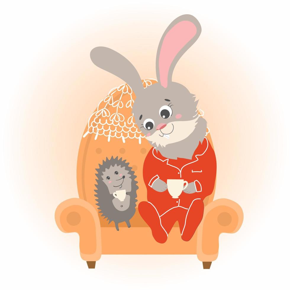 Rabbit, hare with hedgehog drink tea in pajamas on a vintage armchair, knitted napkin, flat style vector illustration. Night before Christmas, new year