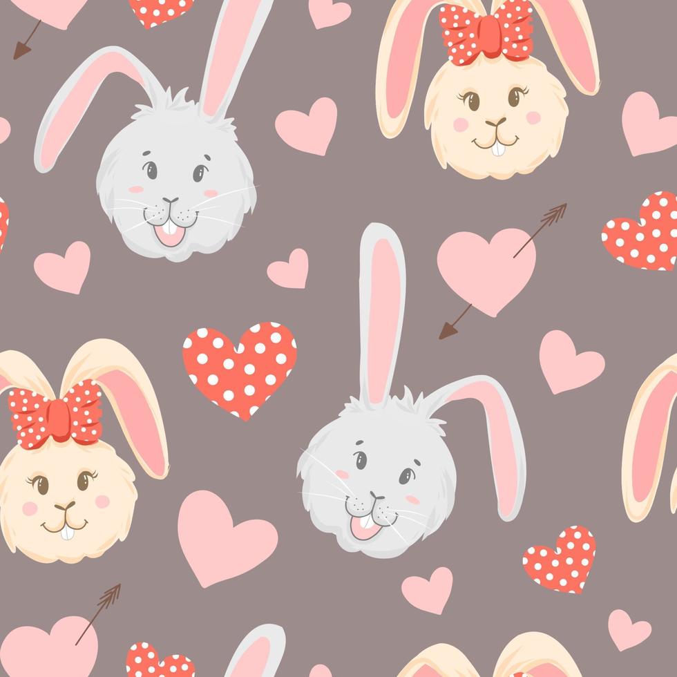 Seamless pattern with rabbit cartoons boy and girl, on pastel dark background. vector