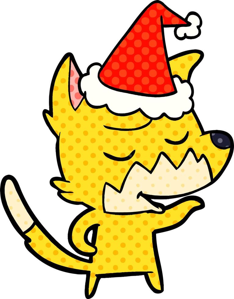 friendly comic book style illustration of a fox wearing santa hat vector