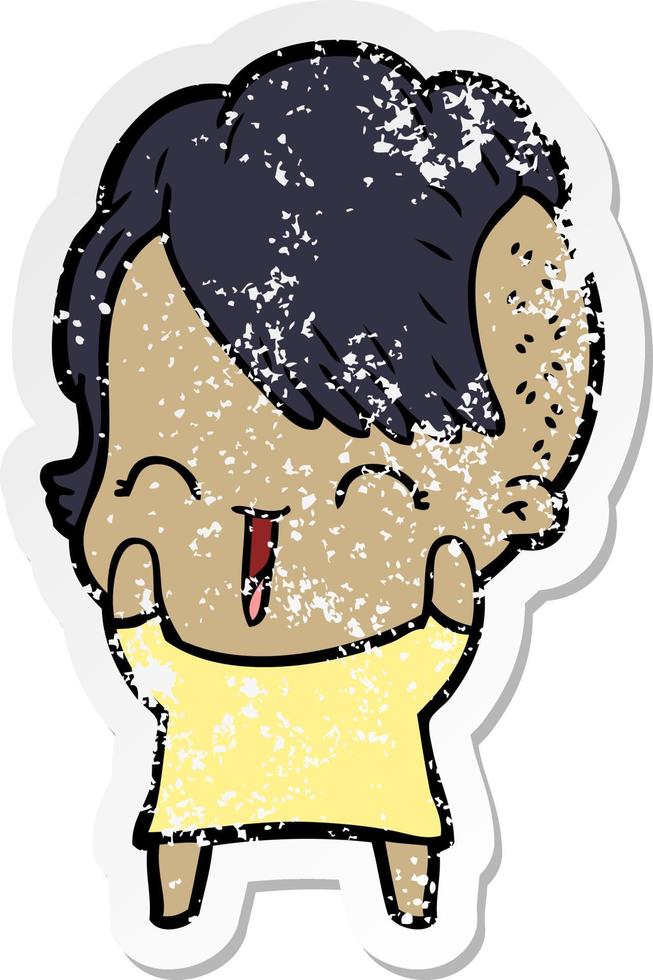 distressed sticker of a cartoon happy hipster girl vector