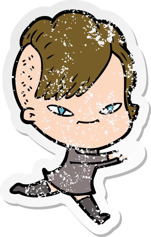 distressed sticker of a cute cartoon girl with hipster haircut vector