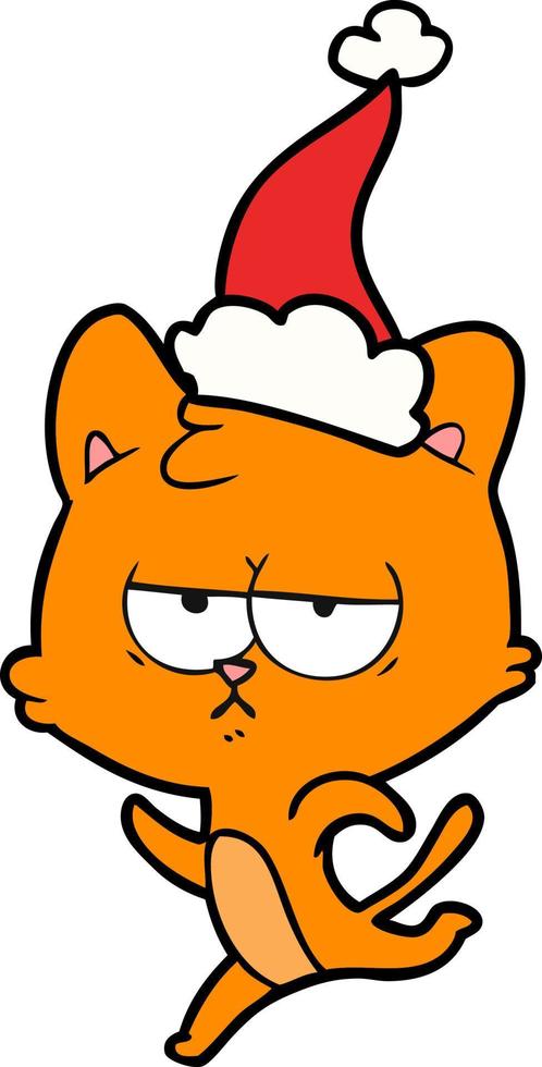 bored line drawing of a cat wearing santa hat vector