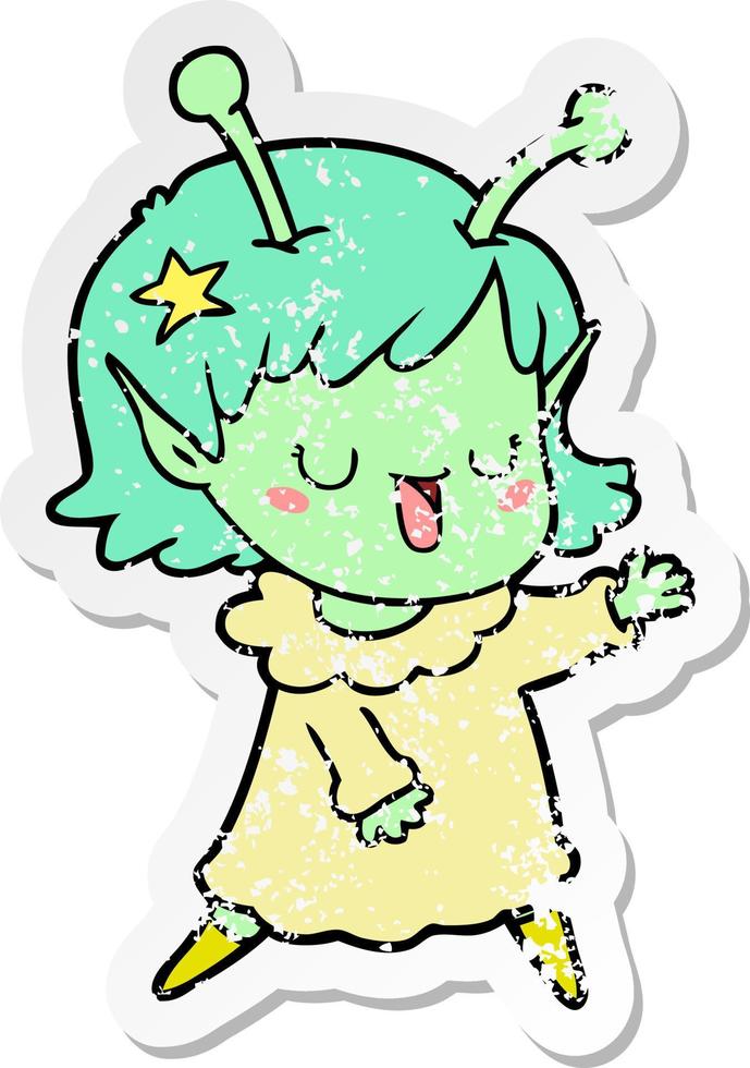 distressed sticker of a happy alien girl cartoon vector