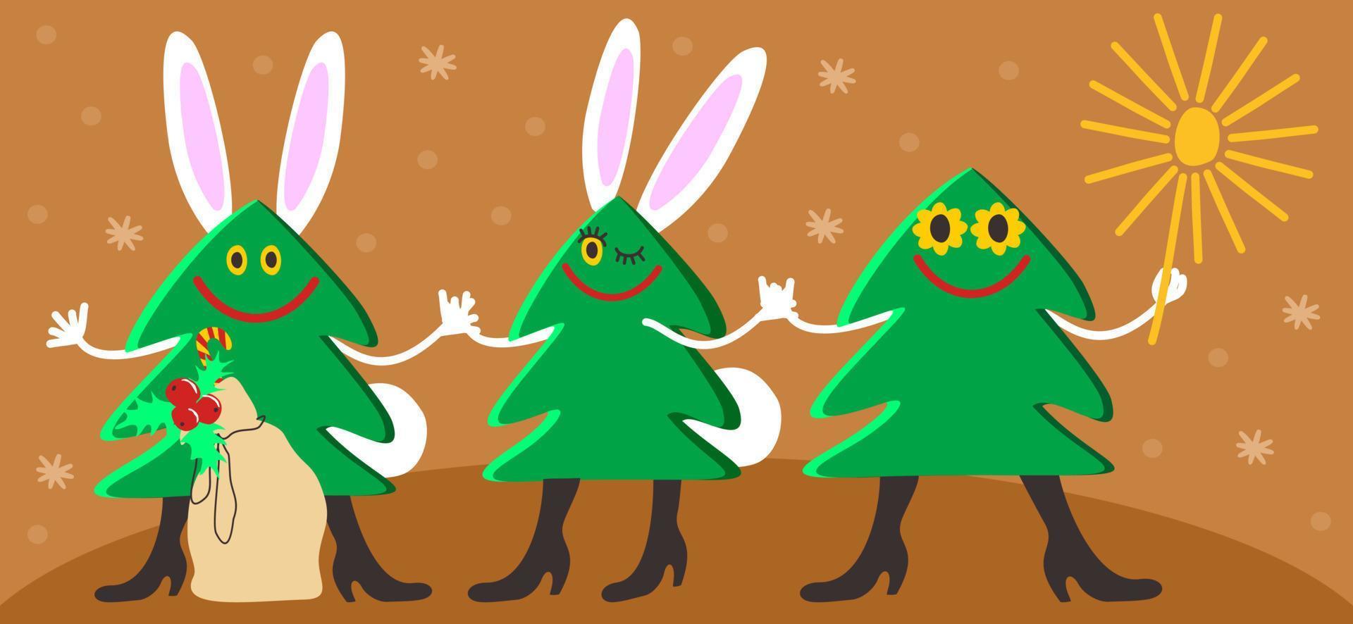 Happy smiling Christmas trees with ears and tails of rabbit. Holding gifts and sparkle. vector