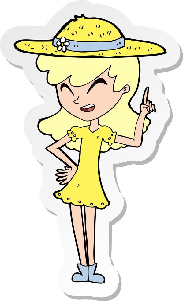 sticker of a cartoon woman wearing summer hat vector