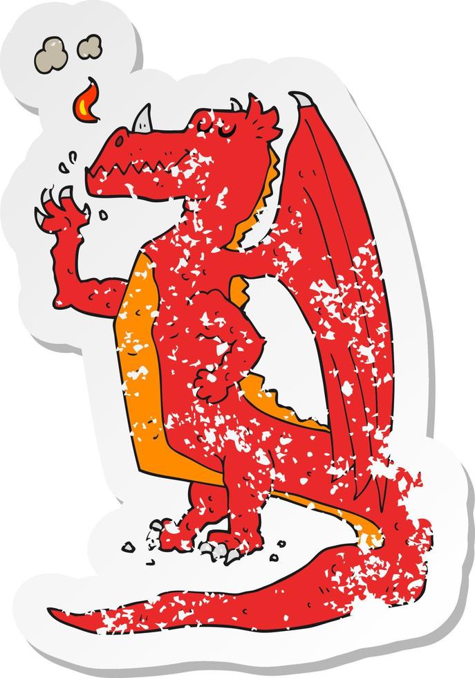 pegatina retro angustiada de un dragón feliz de dibujos animados vector