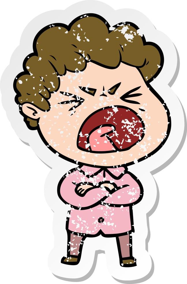 distressed sticker of a cartoon furious man vector