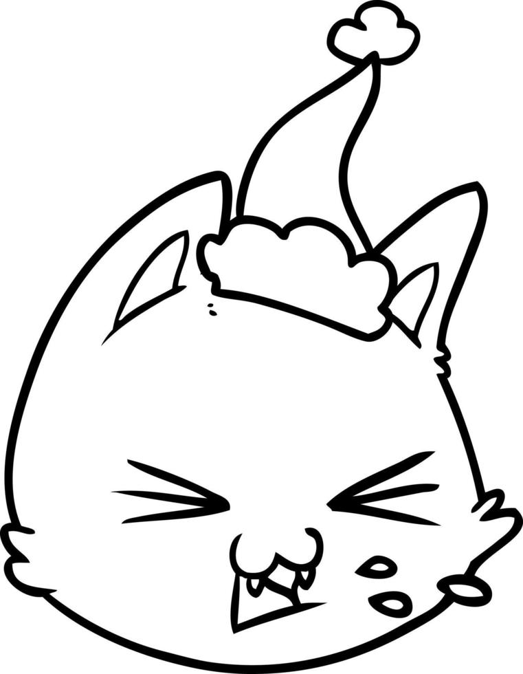spitting line drawing of a cat face wearing santa hat vector