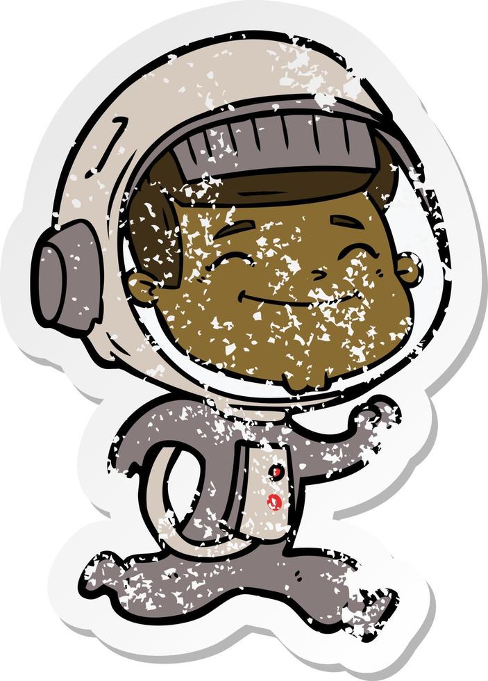 distressed sticker of a happy cartoon astronaut vector