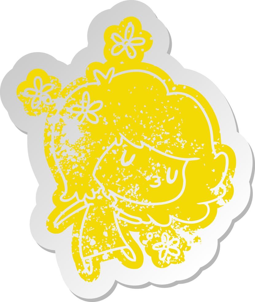 distressed old sticker of a cute kawaii girl vector