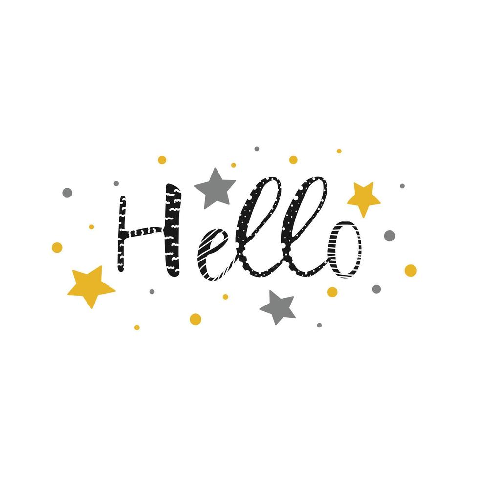 Hello, handwriting in a cute kid's style for banners, flyers, posters, social media, Sticker, Vector Illustration