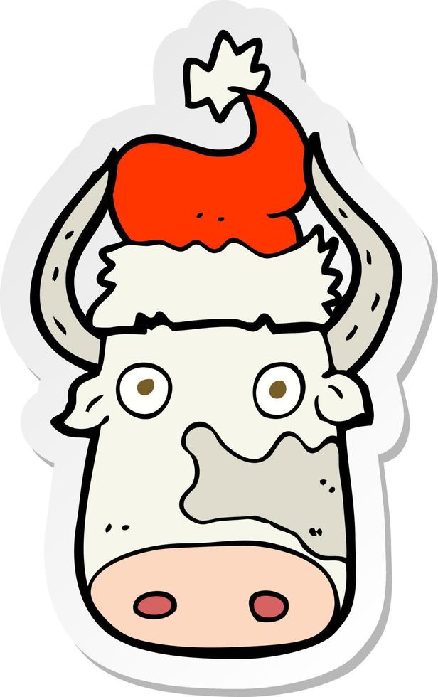 pegatina de una vaca de dibujos animados con sombrero de navidad vector