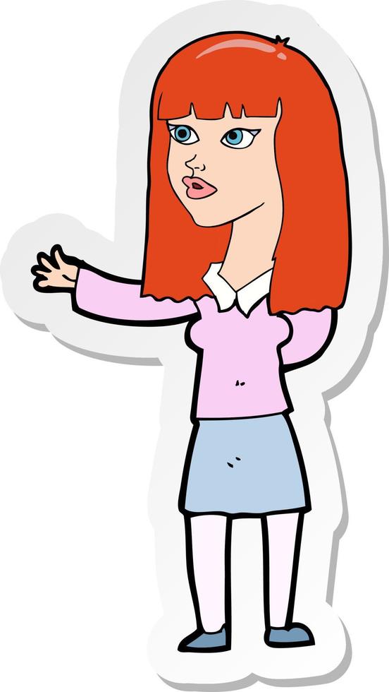 sticker of a cartoon woman gesturing to show something vector