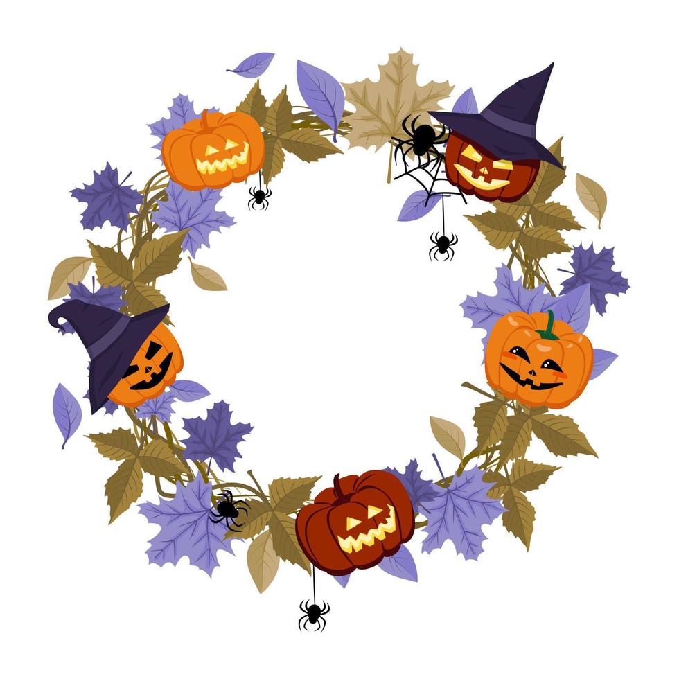 Festive Halloween autumn round frame with pumpkin heads in pointed hat, maple leaves and spiders. Vegetable lantern with glowing eyes and smile mouth on wreath. Vector flat illustration