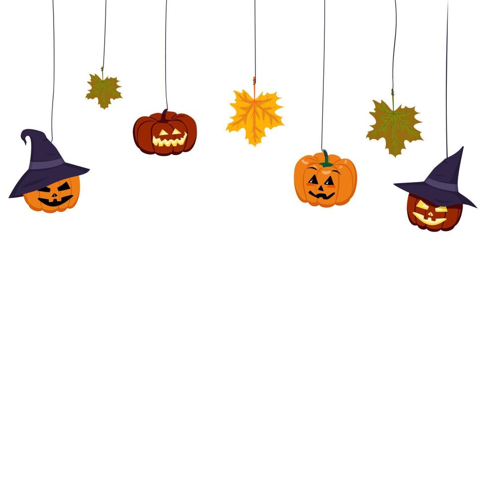Festive Halloween autumn frame with pumpkin heads in pointed hat and maple leaves hanging on thread. Vegetable lantern with glowing eyes and smile mouth. Vector flat illustration