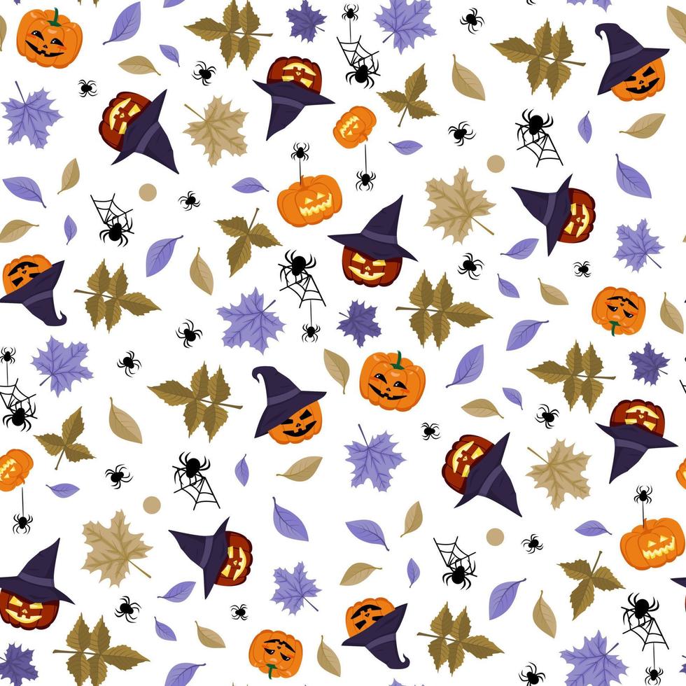 Seamless pattern with pumpkin heads in pointed hat, maple leaves and spiders, Halloween festive background. Bright print for textiles, postcards and design. Vector flat illustration