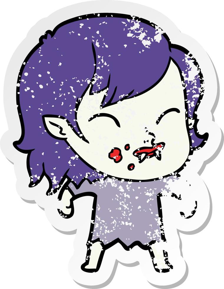 distressed sticker of a cartoon vampire girl with blood on cheek vector