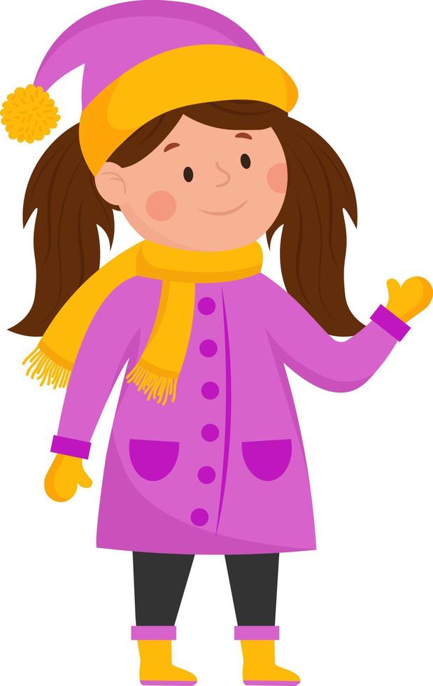 Cute little girl in warm clothes and a scarf in winter. Vector illustration.