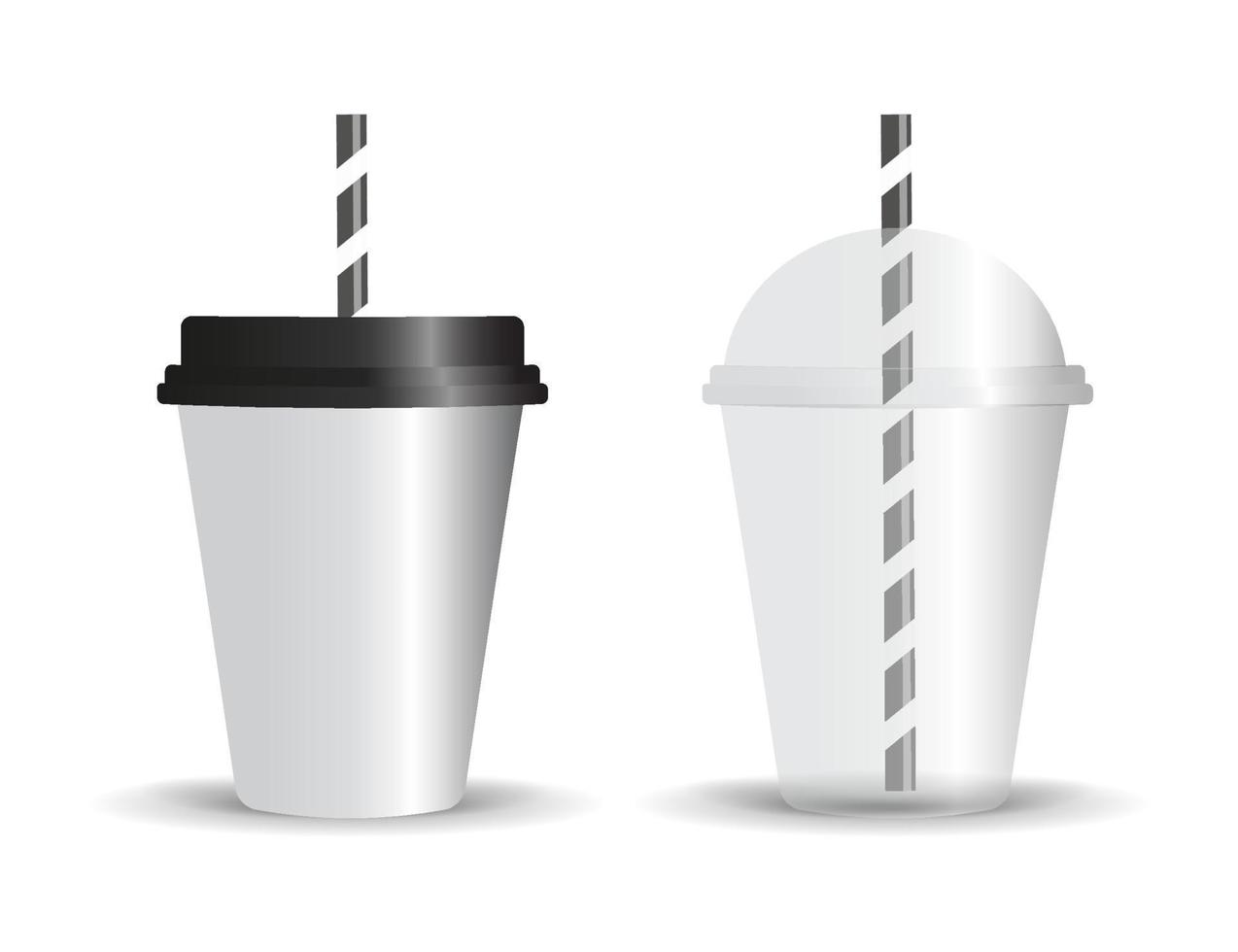 White cup with black lid and straw and transparent cup with straw for ice drinks and cocktails Vector design.