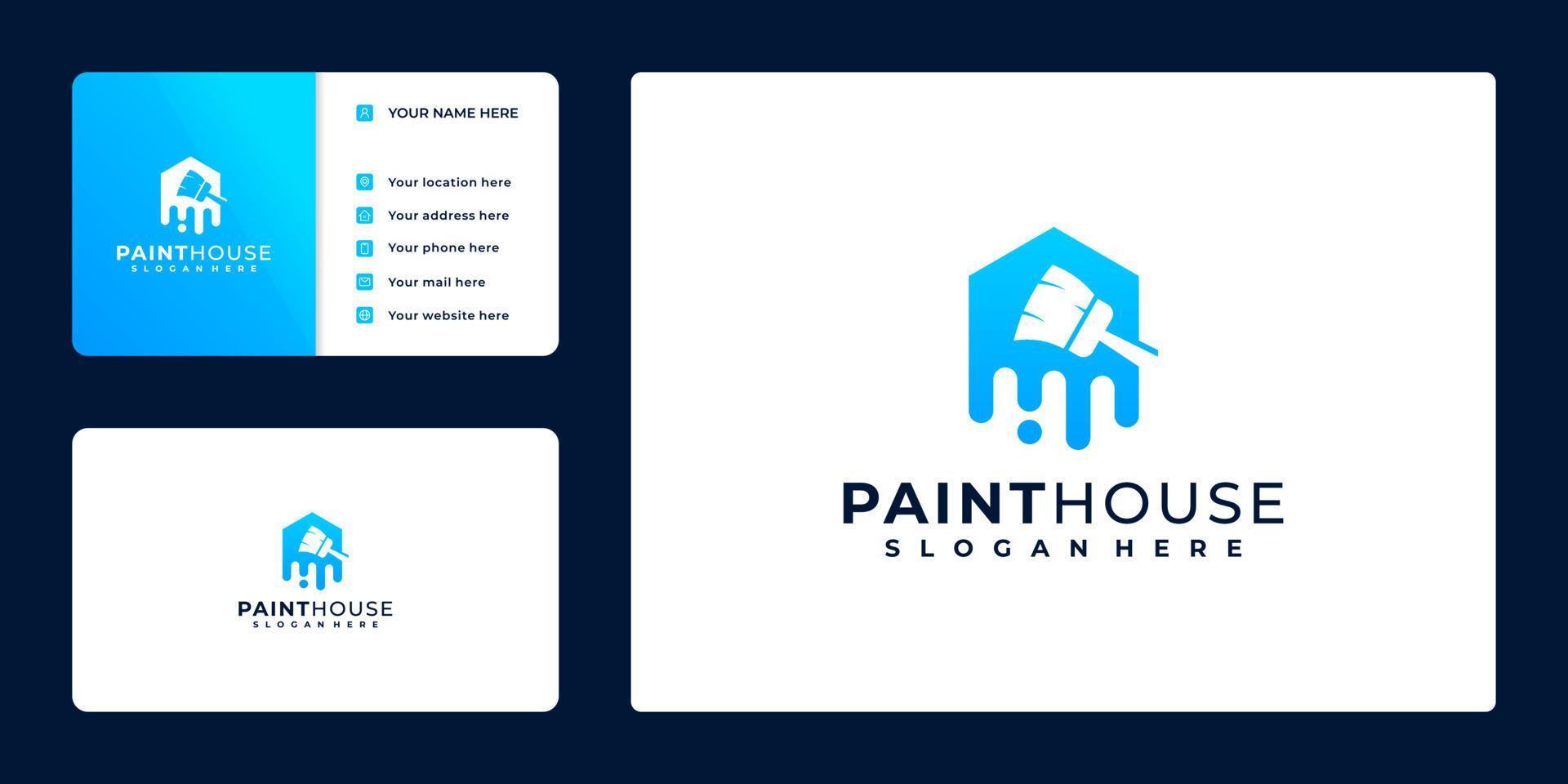 logotipo de la casa de pintura, diseño de tarjetas de visita, con cubo de pintura conceptual y casa, vector