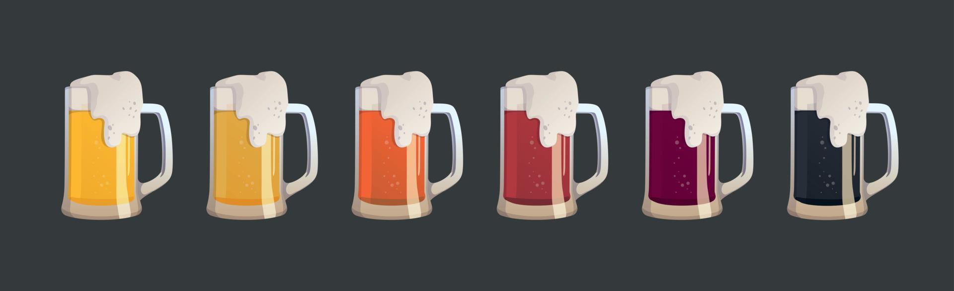 conjunto de 6 tazas de diferentes tipos de cerveza - vector