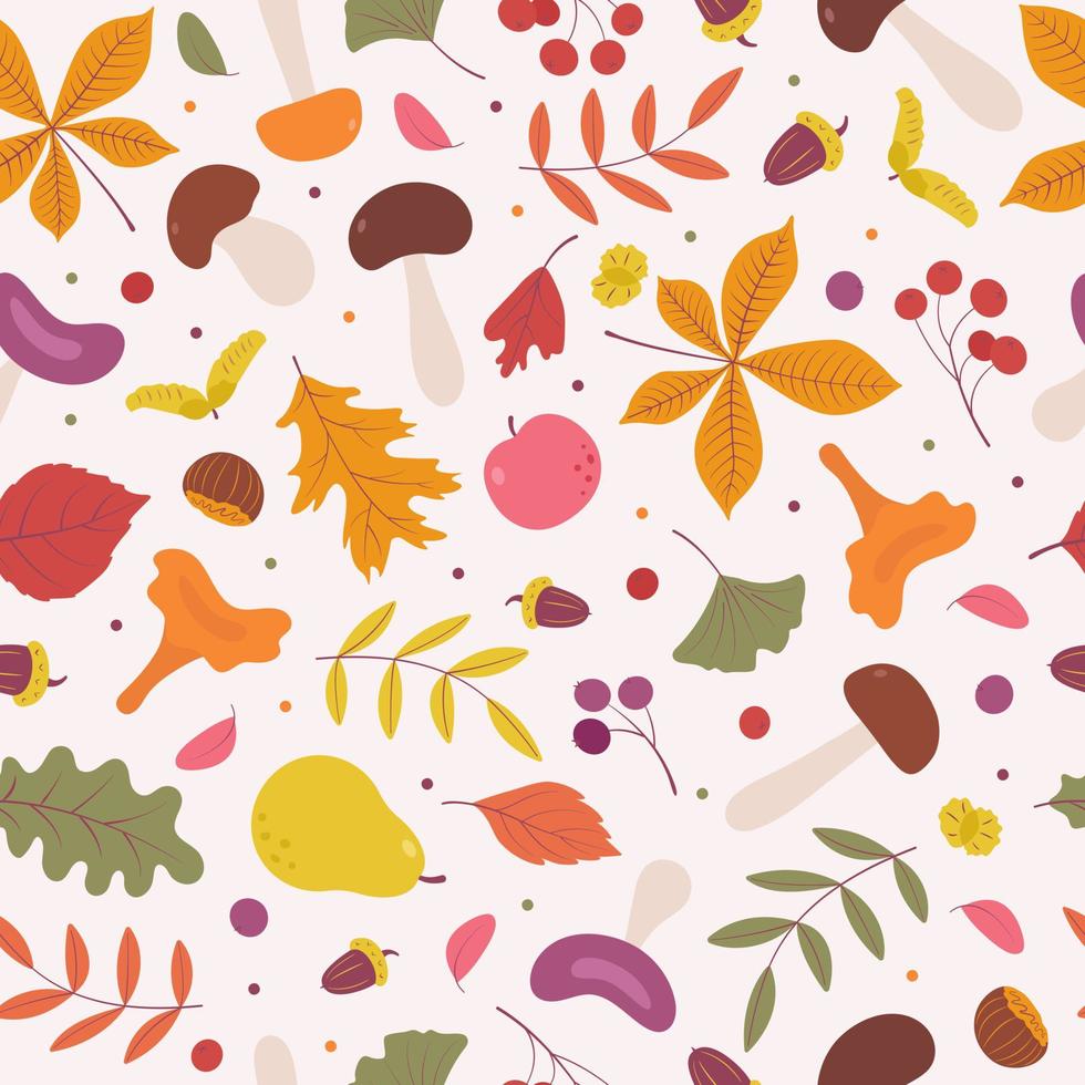 vector colorido divertido otoño natural de patrones sin fisuras con hojas de otoño, setas, bellotas y bayas. lindo fondo de otoño