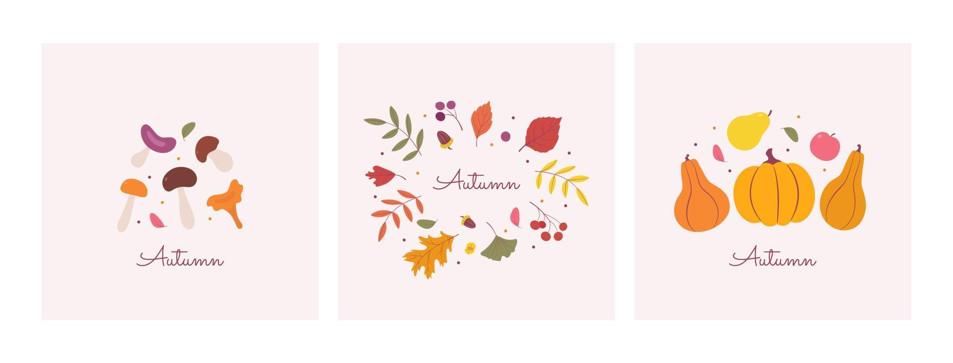 Greeting card of autumn mood. A set of minimalistic posters with leaves of nature, mushrooms, pumpkins, berries. Autumn banner. Vector illustration in a flat cartoon style