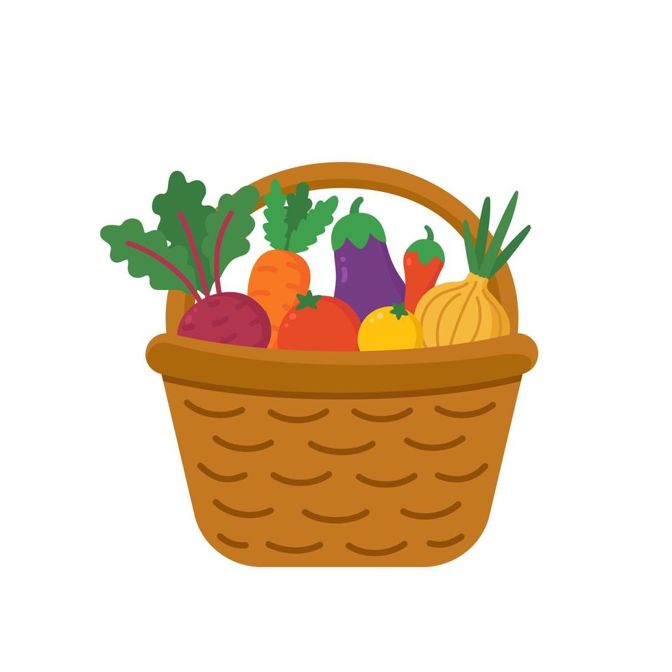 A basket of vegetables is isolated on a white background. Harvesting vegetables. Flat cartoon vector illustration. Elements for the autumn farmer's market. The concept of the vegetarian food market.