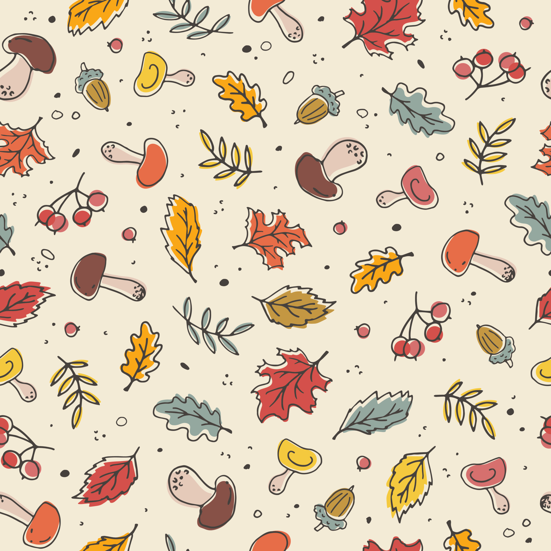 Vector colorful funny autumn natural seamless pattern with autumn leaves,  mushrooms, acorns and berries. Cute autumn background 11766004 Vector Art  at Vecteezy